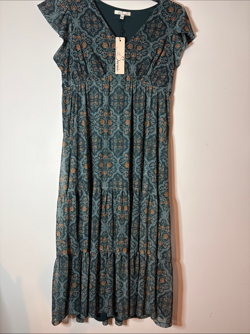 LES SEREIN Janice Mesh Dress Teal green and Rust Floral-Print Maxi Dress large